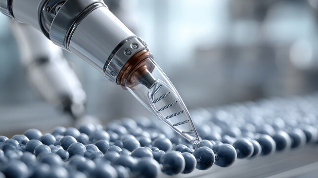 Synthetic Biology concept , Robotic arm laboratory DNA gene syringe blueberry stainless glass precision science sterile