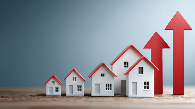 Refinance concept ,Growing house model red roof mortgage finance growth housing market trend refinance rising arrows