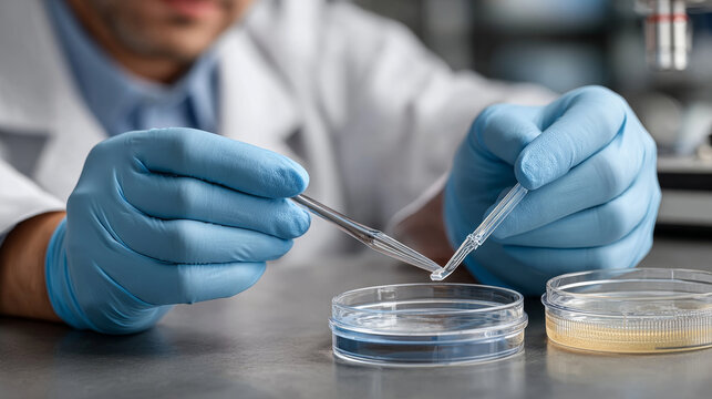 Bio Processor concept ,Gloved hands scientist pipette petri dish lab sterile microbiology research with focus - Powered by Adobe
