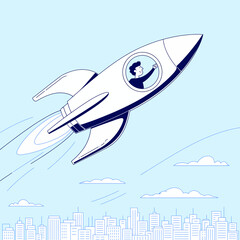 A sleek rocket is depicted launching into the sky, symbolizing ambition and exploration while flying above a modern cityscape filled with skyscrapers and clouds.