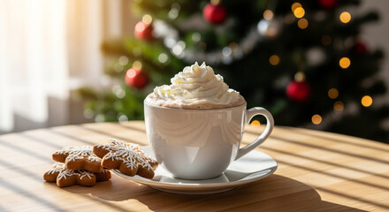 Cozy winter scene featuring a mug of hot chocolate topped with whipped cream next to a stack of snowflake gingerbread cookies, set against a blurred Christmas tree background