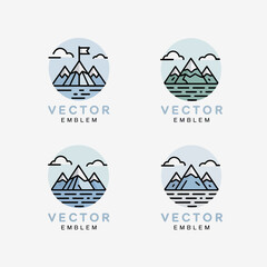 This image showcases a serene mountain range design featuring a flag atop a peak, surrounded by clouds and a tranquil body of water symbolizing adventure and nature.