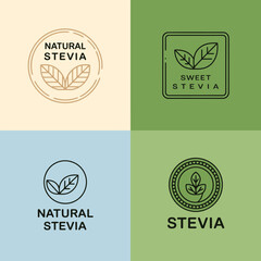 This image showcases four unique logos centered around stevia, highlighting aesthetics that combine natural elements with modern design for health-conscious consumers.