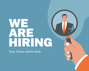 This artistic portrayal emphasizes future career opportunities with a hiring message, showing a confident candidate in a magnifying glass to symbolize growth and exploration.