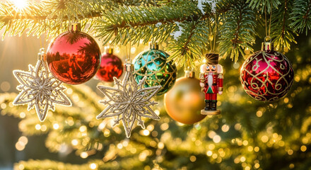 Close up of festive Christmas tree with colorful ornaments, a nutcracker figurine, and star decorations hanging on snow-dusted pine branches, illuminated by warm golden sunlight.