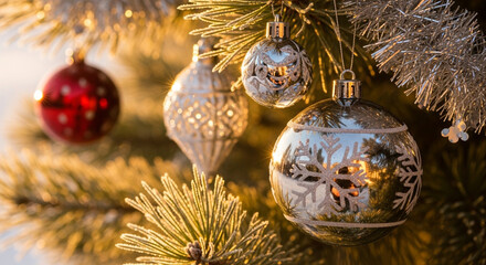 A close-up shot showcases elegant Christmas tree ornaments with delicate designs and sparkling details, hanging on a pine tree with tinsel, bathed in warm golden light for a festive holiday atmosphere