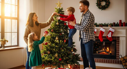 A happy family, including a mother, father, son, and daughter, is decorating a Christmas tree with ornaments in a cozy living room with a fireplace, celebrating the holiday season together
