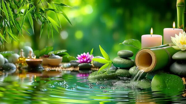 a natural spa environment at the forest edge, a wide bamboo pipe releasing water into a calm pond with two light pink candles nearby. fresh green leaves, small wooden bowls, and aromatherapy oils sit 