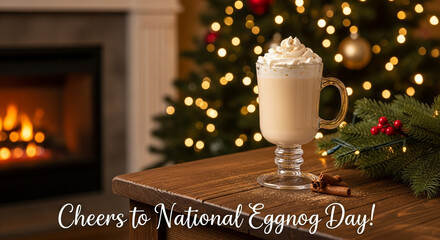 A festive image featuring a glass of creamy eggnog topped with whipped cream, set on a wooden table with cinnamon sticks, with a Christmas tree and fireplace in the background