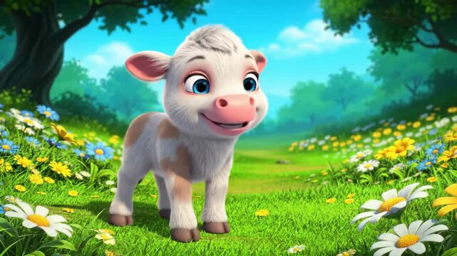 Cartoon calf stands smiling in sunny meadow with flowers, idyllic scene for children's books