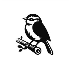 Black And White Small Bird Perched On Branch Silhouette Design