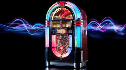 A vibrant retro jukebox showcasing neon lights and music