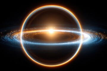 Cosmic sphere with glowing rings.  A  large,  glowing orb,  surrounded by  a  complex ring system.  Inner ring is  bright,  outer is  muted,  all  in  warm  and  cool  tones