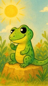 Whimsical illustration of a smiling frog on a sunny day, viewed from a low angle. Ideal for a cheerful children's video or storybook theme. Live mobile wallpaper.