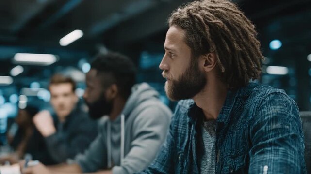 A group of diverse individuals engaged in a collaborative brainstorming session in a modern office space, highlighting creativity and teamwork dynamics in a professional setting.