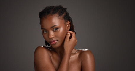 Skincare, studio and woman with glow, portrait and natural cosmetics for healthy skin and self...