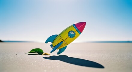 Cartoon rocket launch on sunny beach symbolizing startup dreams and innovative ventures