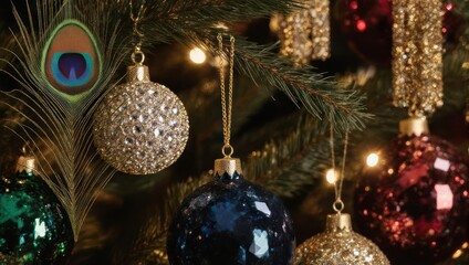 Close up of Christmas tree ornaments and peacock feather.