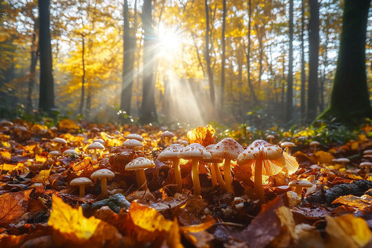 quiet autumn morning where mushrooms and golden leaves cover the forest floor