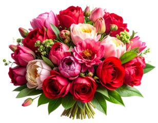 A realistic AI-generated floral bouquet featuring mixed red and pink flowers — roses, tulips, and peonies — arranged naturally with soft shadows and green bright natur elegant floral design use. (3)