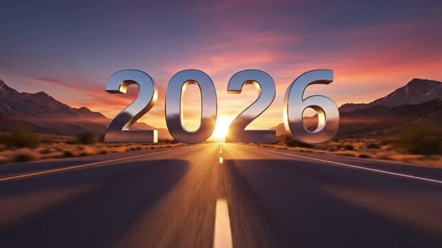 2026 Text on Open Road with Beautiful Sunset Sky and Mountain Landscape