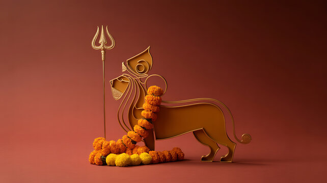 Golden lion statue adorned with marigold garland and trident against a red background
