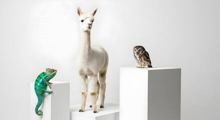 Obraz premium Diversity in the animal kingdom an alpaca owl and chameleon in studio shot composition