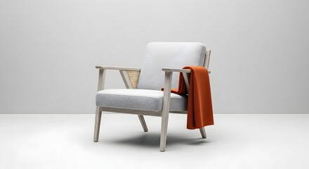 Obraz premium Elegant Armchair in Neutral Tones with Orange Throw Blanket on White Backdrop Photography