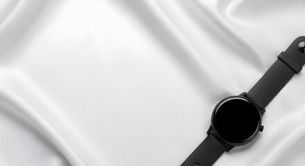 Elegant black smartwatch on a luxurious white silk backdrop for modern lifestyle promotion