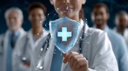 Corporate health coverage concept , Healthcare shield protection safety medical doctor team network. confident care message