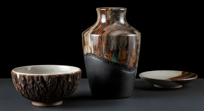 Elegant handcrafted ceramic pottery ensemble featuring a vase bowl and plate on a dark background - Powered by Adobe