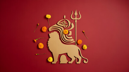 Paper cutout of a lion with a trident and marigold flowers on a red background