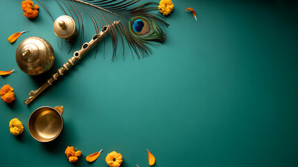 Traditional Indian musical instrument and ceremonial items arranged with peacock feather and marigold flowers on a teal background