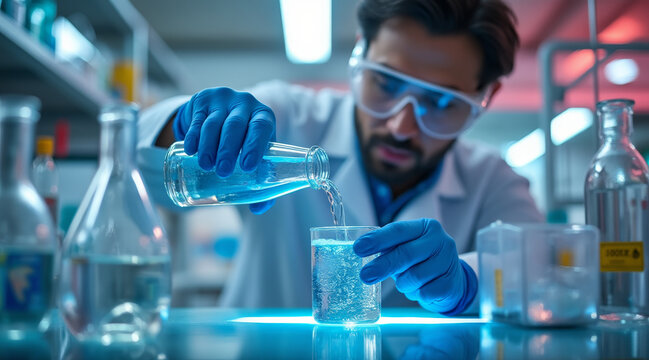 PFAS removal concept , scientist laboratory glassware experiment safety gloves pouring water beaker goggles calm focus