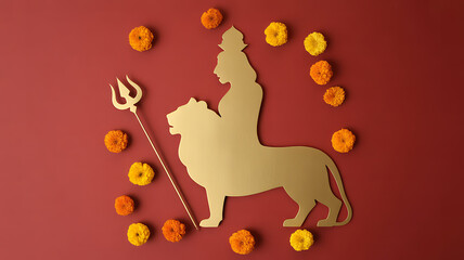 Golden silhouette of a deity riding a lion with a trident, surrounded by marigold flowers on a red background