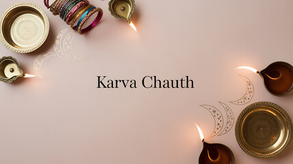 Karva Chauth celebration setup with lit oil lamps, bangles, and decorative elements on a soft pink background