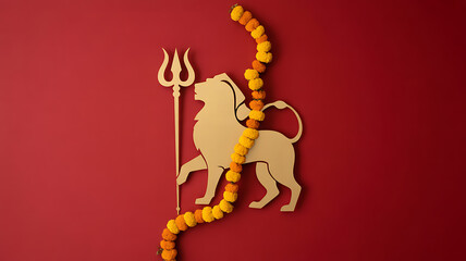 Silhouette of a lion with a trident and marigold garland on a red background