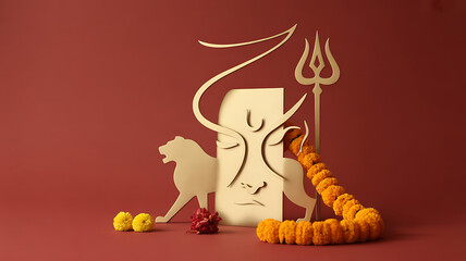 Minimalist paper art depicting a deity with trident, lion, and marigold garland on a red background