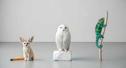 Exotic animal trio featuring a Fennec Fox Snowy Owl and colorful Chameleon studio shot