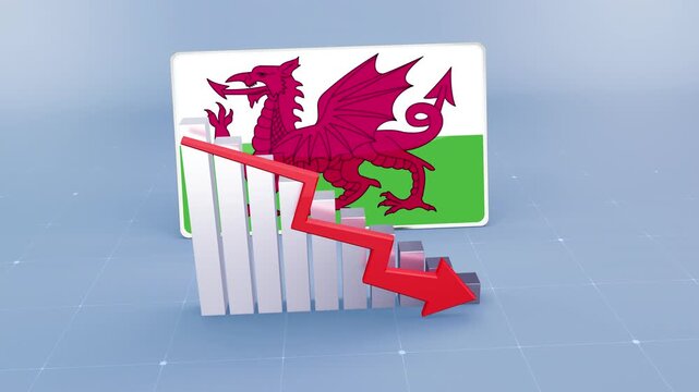 Wales Flag and Bar Chart Graph Showing Decreasing Values a Red Arrow Economic Crisis Concept