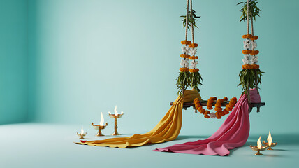 Traditional Indian wedding decor with floral garlands, draped fabrics, and lit oil lamps against a teal background