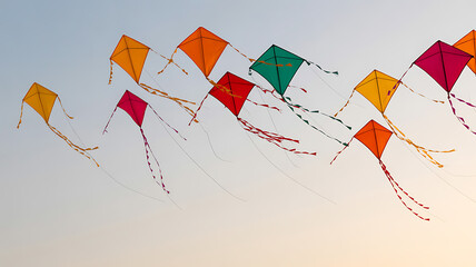 Colorful kites flying in a clear sky during sunset