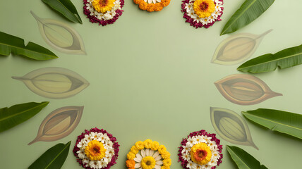 Circular floral arrangement with marigold and chrysanthemum flowers, banana leaves, and decorative leaf silhouettes on a green background