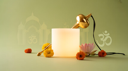 A softly lit candle with a golden bell and floral arrangement on a green background, featuring spiritual symbols in the backdrop.