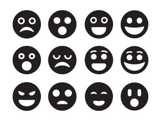 Silhouette Collection of circular emoticons showing various expressions black and white vector illustration