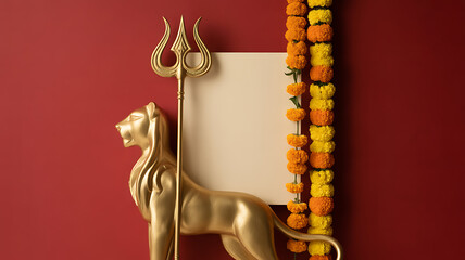 Golden lion statue holding a trident beside a floral garland on a red background