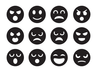 Silhouette collection of emoticons displaying various facial expressions black and white vector illustration