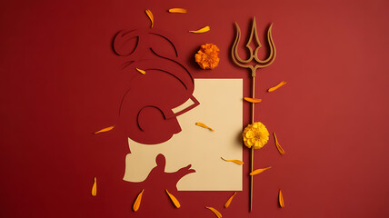Abstract composition with paper cutout of a devil figure, trident, marigold flowers, and autumn leaves on a red background