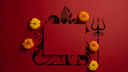 Red background with black silhouette of a lion and trident, framed by marigold flowers and a central blank card