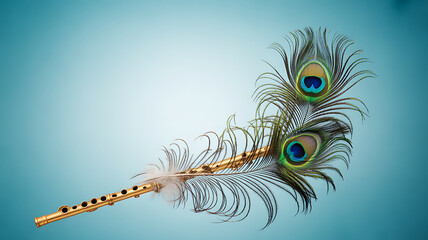 A golden flute adorned with peacock feathers against a soft blue background